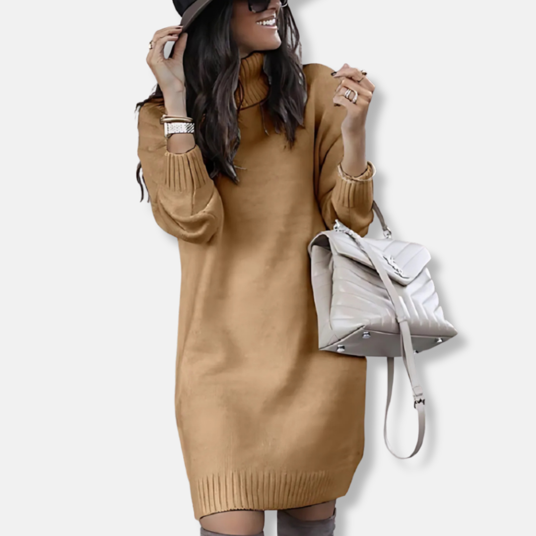Women’s Mini Dress – Knit Wool Blend – Turtleneck – Long Sleeve – Relaxed Slim Fit