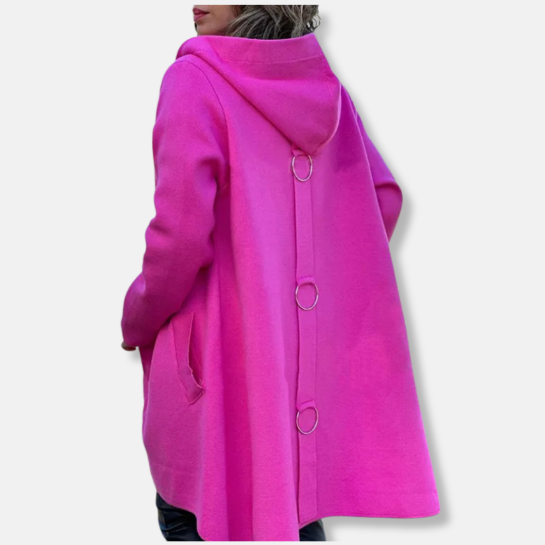 Women’s Coat - Wool - Hooded Neckline - Snap Button Closure - Mid-Thigh Length