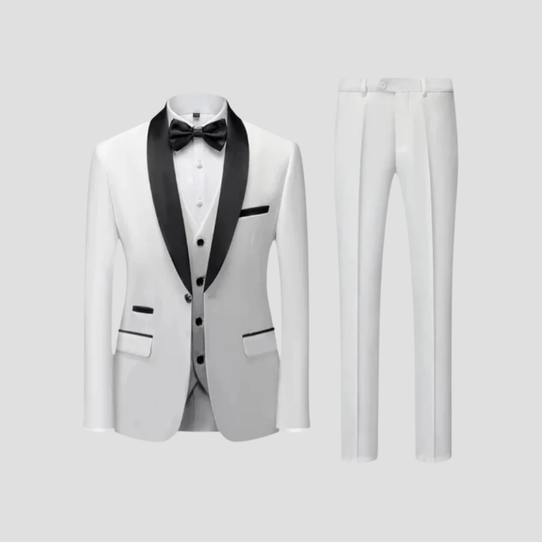 Mens Classic Tailored Three Piece Suit With Satin Lapels For Formal Events And Weddings