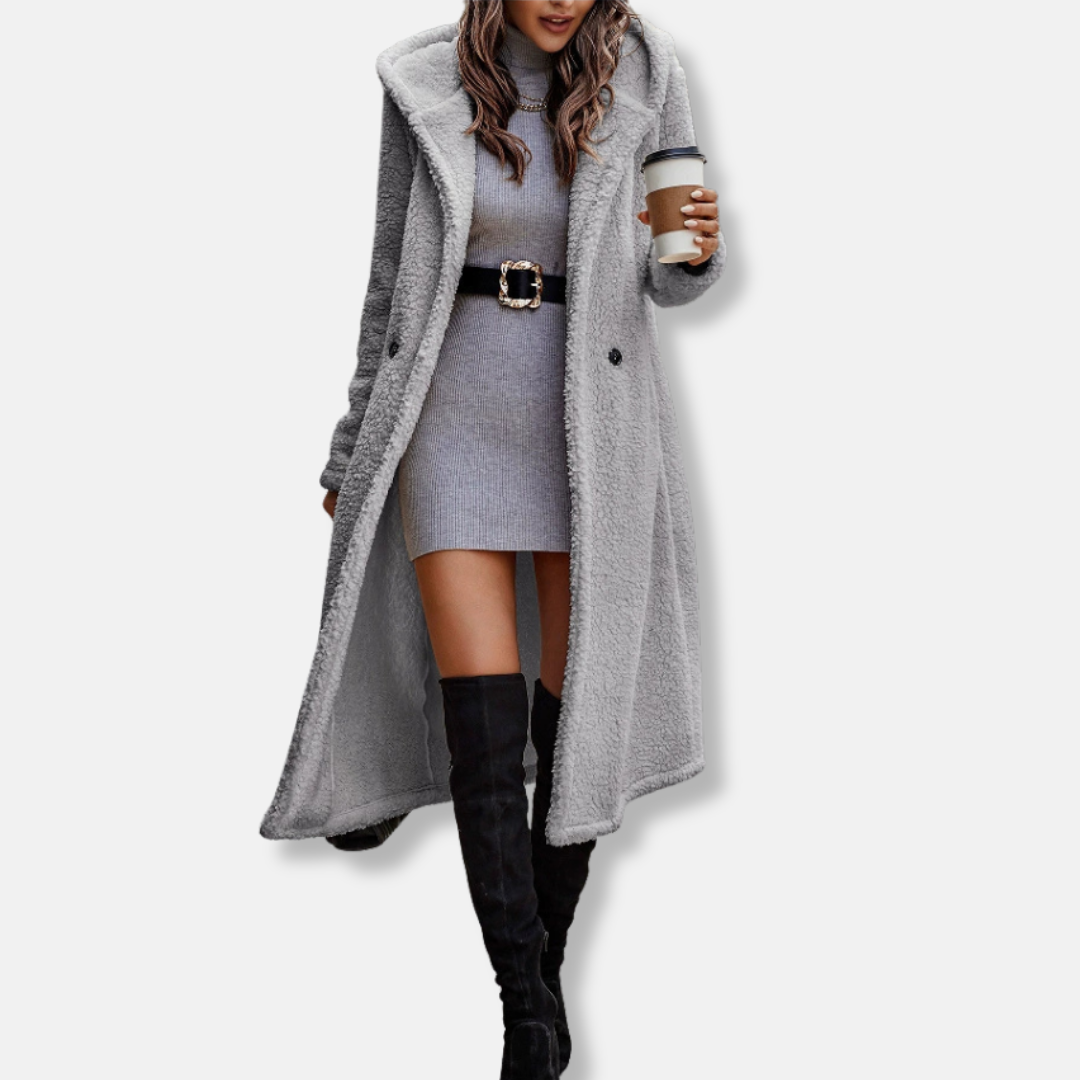 Women’s Long Coat – Plush Soft Texture – Relaxed Fit – Hooded – Notched Lapel