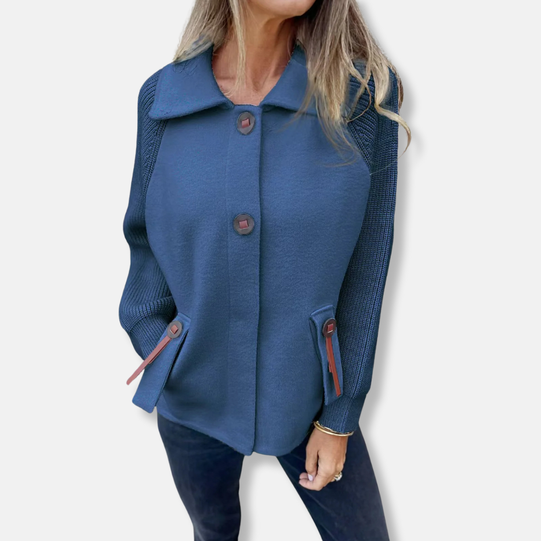 Women’s Jacket – Relaxed Fit – Textured Knit Sleeves – Lapel Collar – Button Front