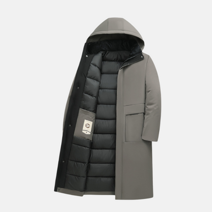 Nordisk Flair Men's Long Coat Insulated Hood Full Length Regular Fit Snap Button Closure
