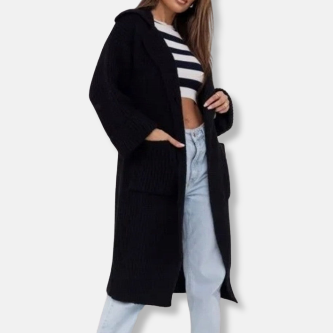 Women’s Long Knit Coat – Wool Blend – Oversized Fit – Hooded with Ribbed Texture