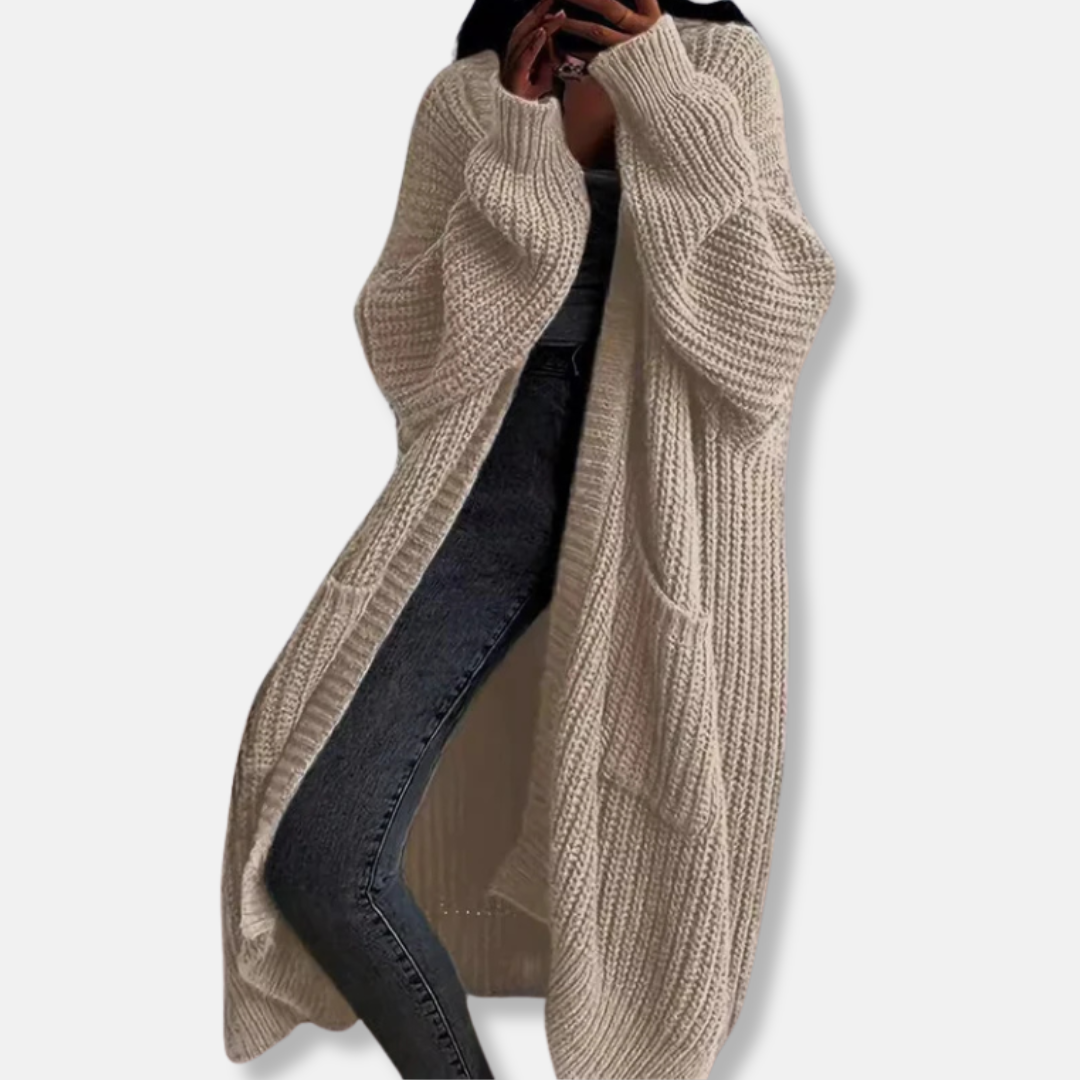Women’s Cardigan - Ribbed Knit - Oversized Fit - Maxi Length - Open Front - Pockets