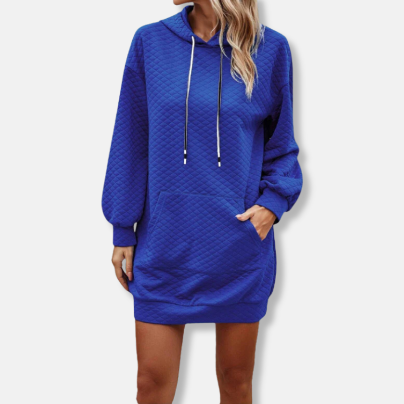 Women’s Hooded Mini Dress – Quilted Diamond Texture – Oversized Fit – Long Sleeve Pocket
