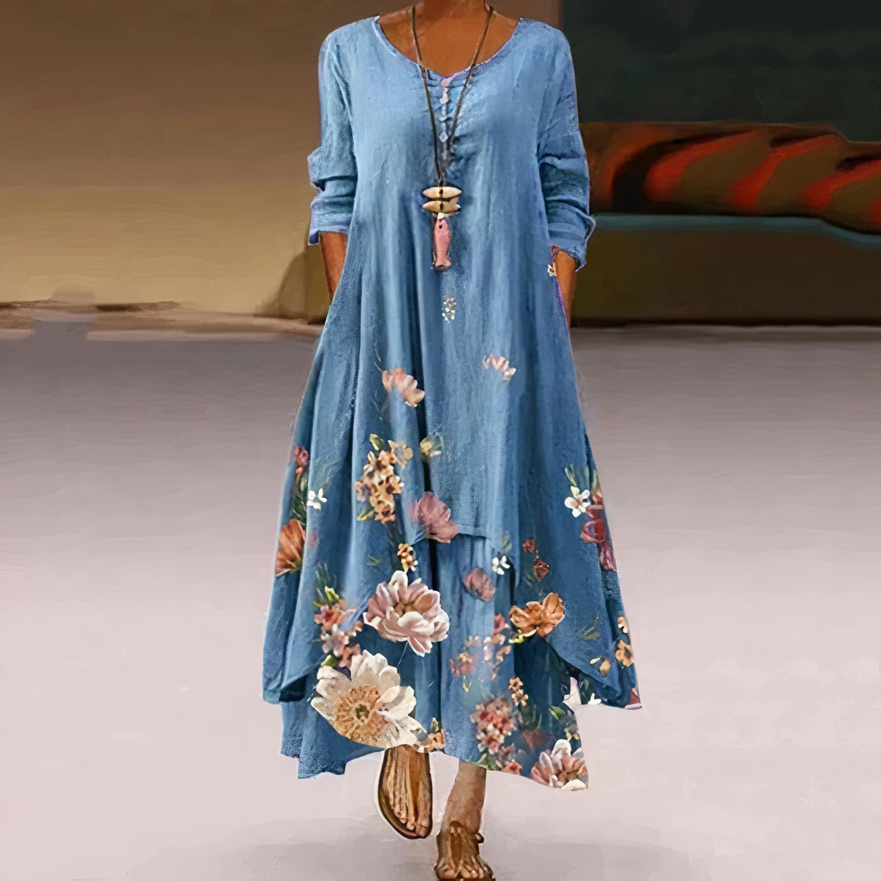 Mica Elegant Cotton Dress For Women With Pockets, Vintage Round Neckline, Long Sleeves