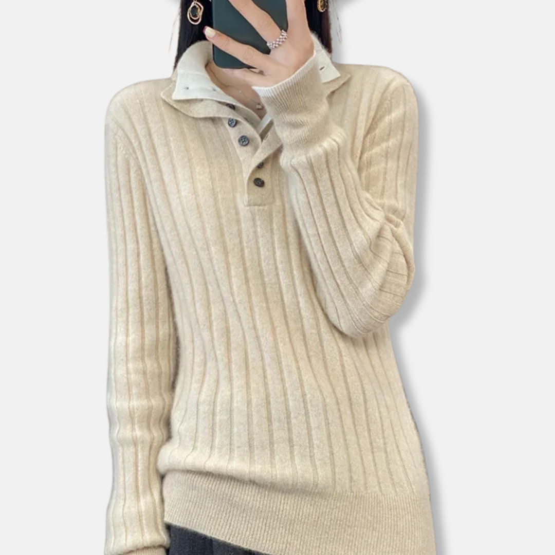 Women’s Pullover Sweater - Ribbed Knit - Polo Collar - Four-Button Placket