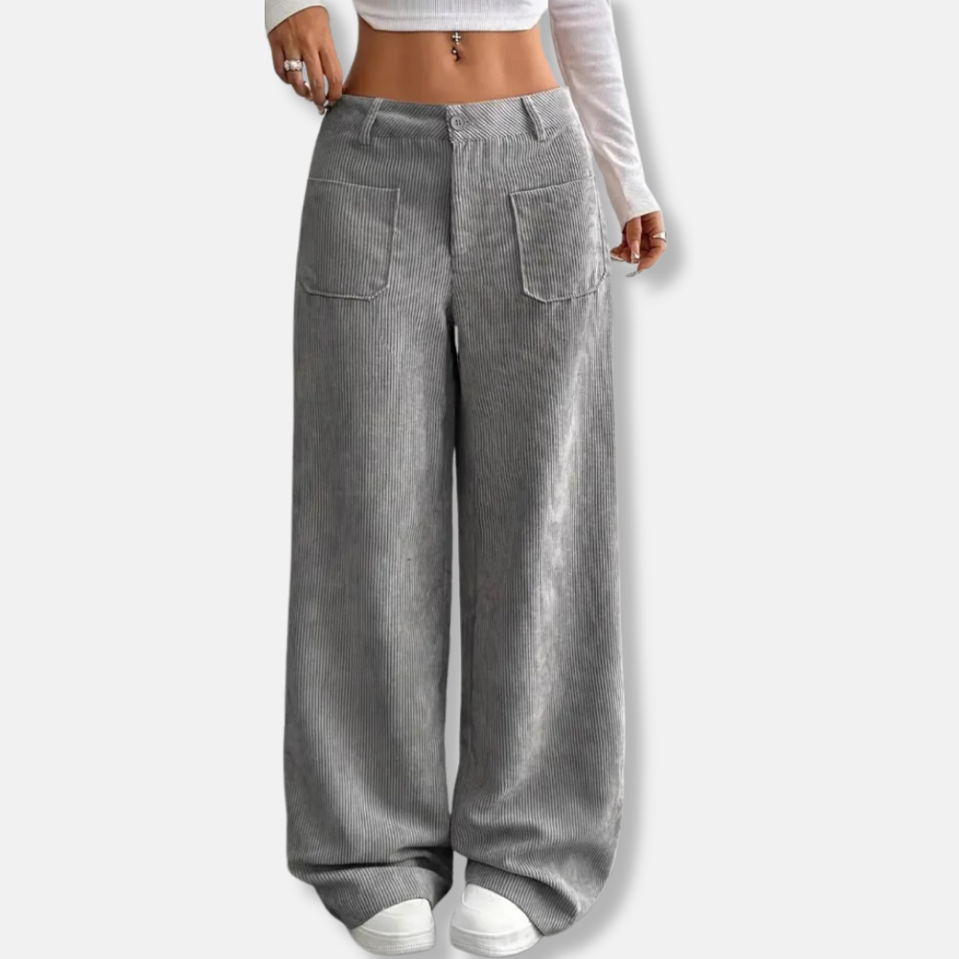 Women’s Pants - Corduroy - Wide Leg - High Waist - Front Patch Pockets
