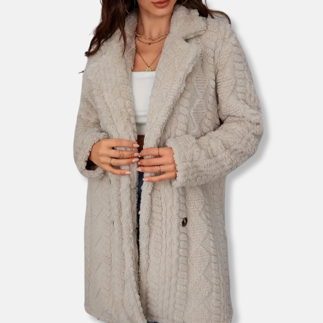 Women’s Coat - Knit - Double-Breasted - Notched Lapel - Mid-Thigh Length