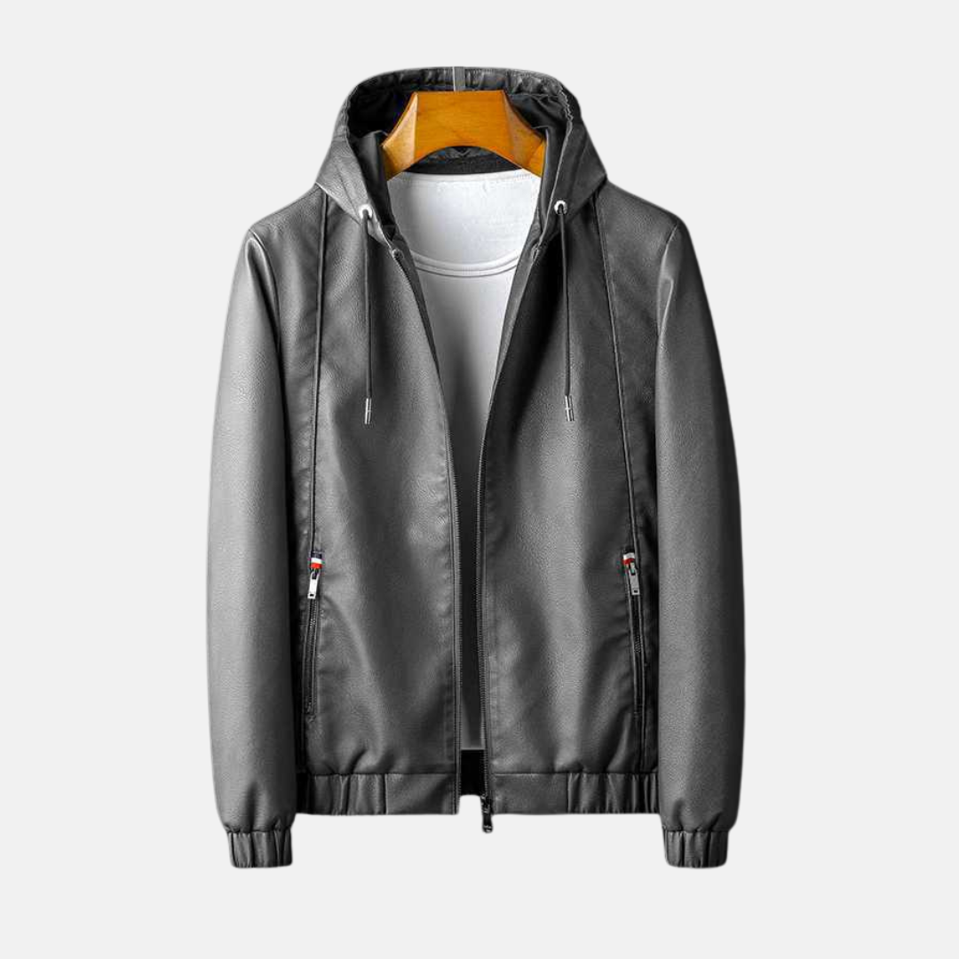 Mens Faux Leather Hooded Jacket With Zip Closure Relaxed Fit Casual Outerwear For Men TrendAura