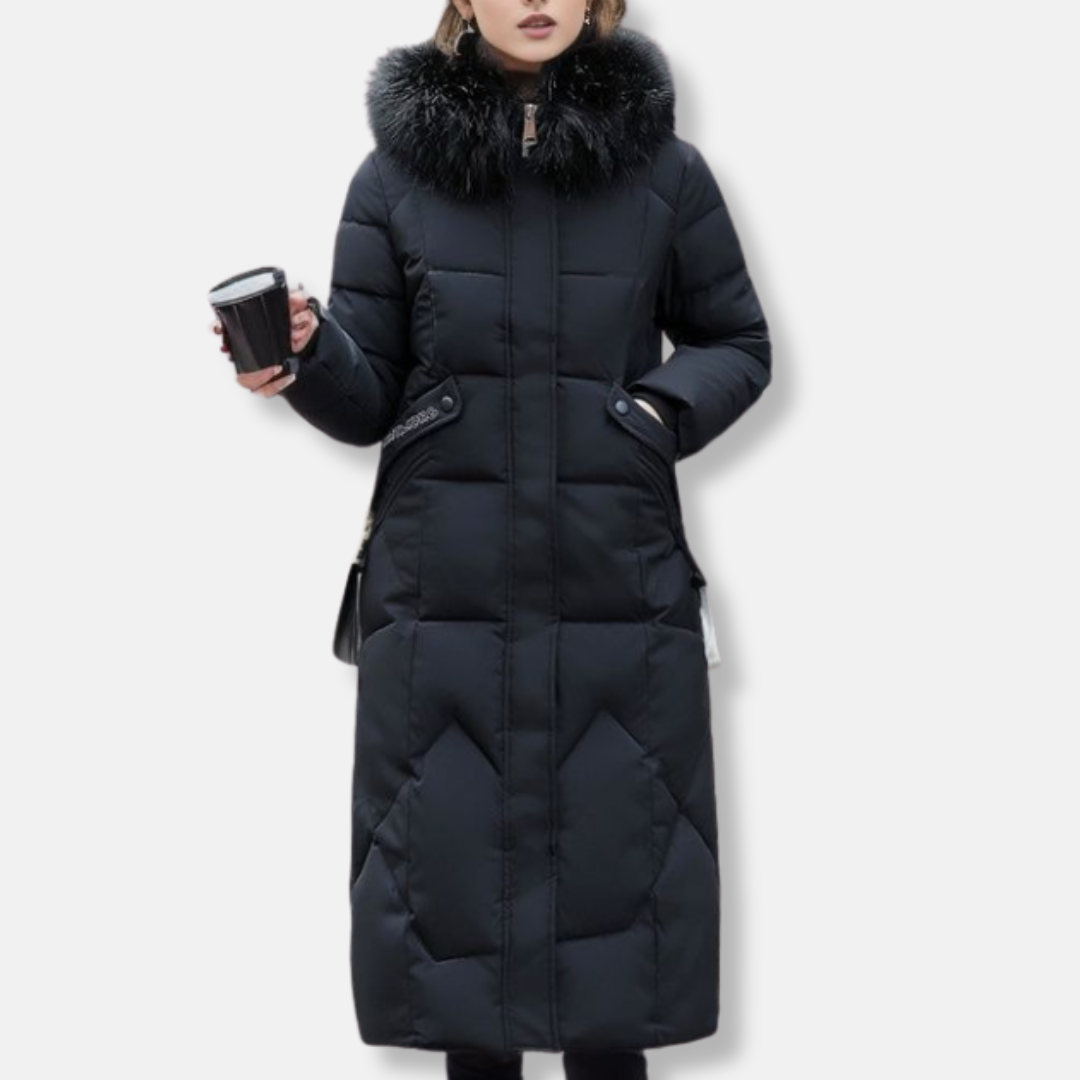Women’s Long Padded Coat – Slim Fit – Quilted – Detachable Fur Collar – Full Length