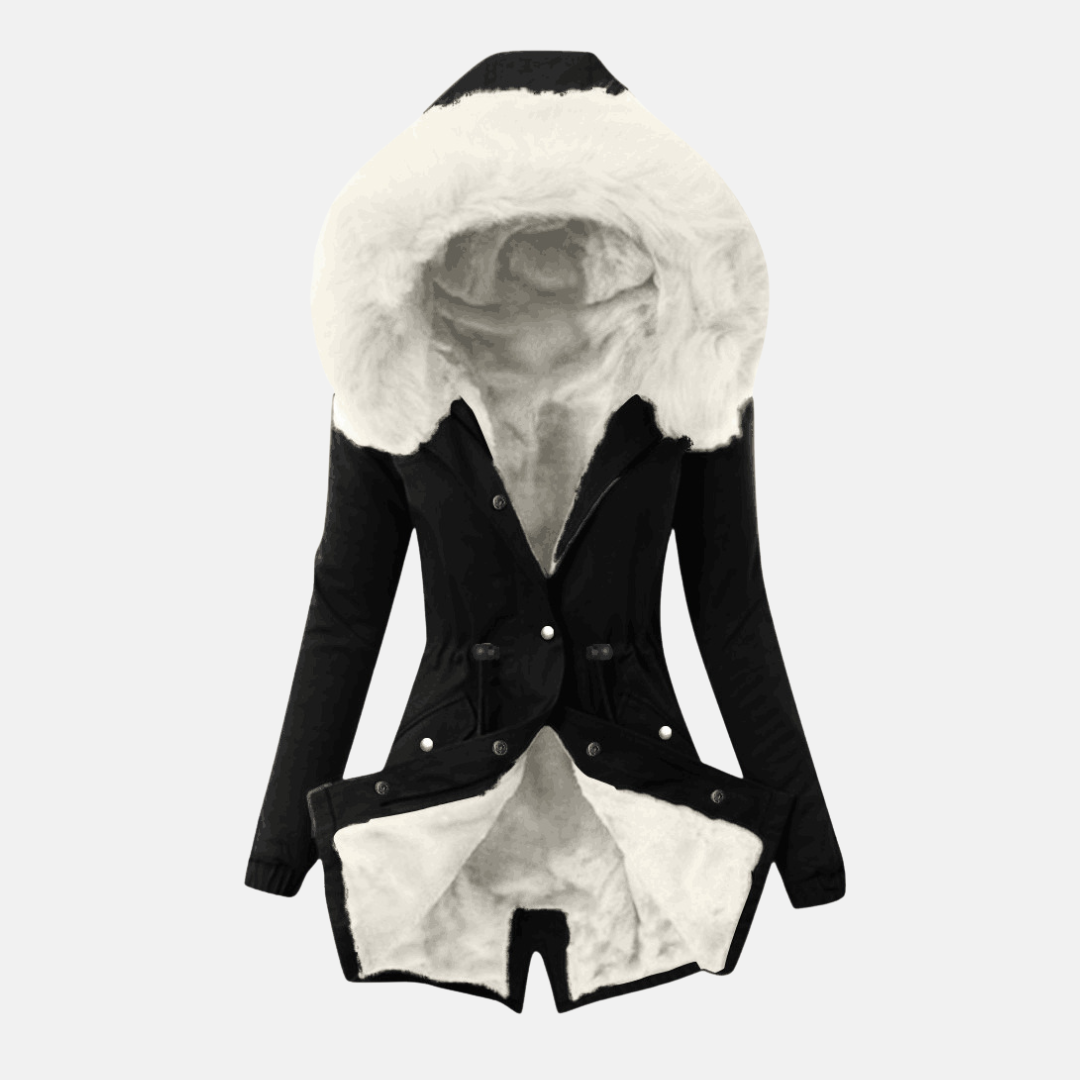 Women’s Jacket – Slim Fit – Adjustable Waist – Plush-Lined Hood – Mid-Length – Flap Pockets