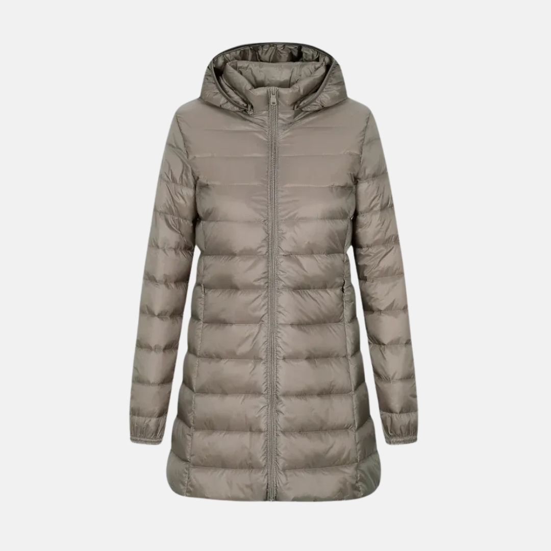 Women’s Down Jacket – Fitted Mid-Thigh Length – Quilted – Hooded – Water-Resistant
