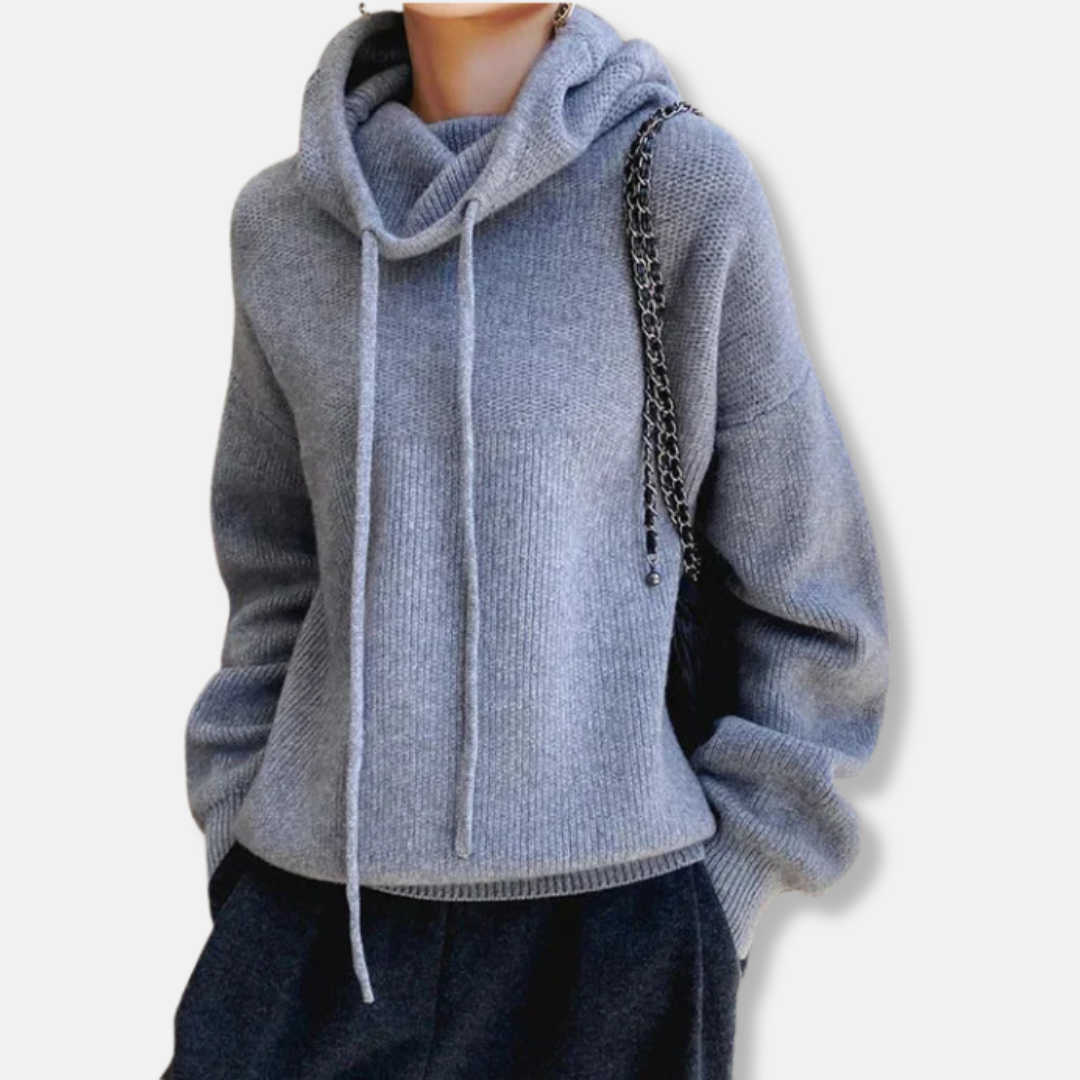 Women’s Knitted Sweatshirt – Oversized Relaxed Fit – Soft Knit – Cowl Neck with Drawstring