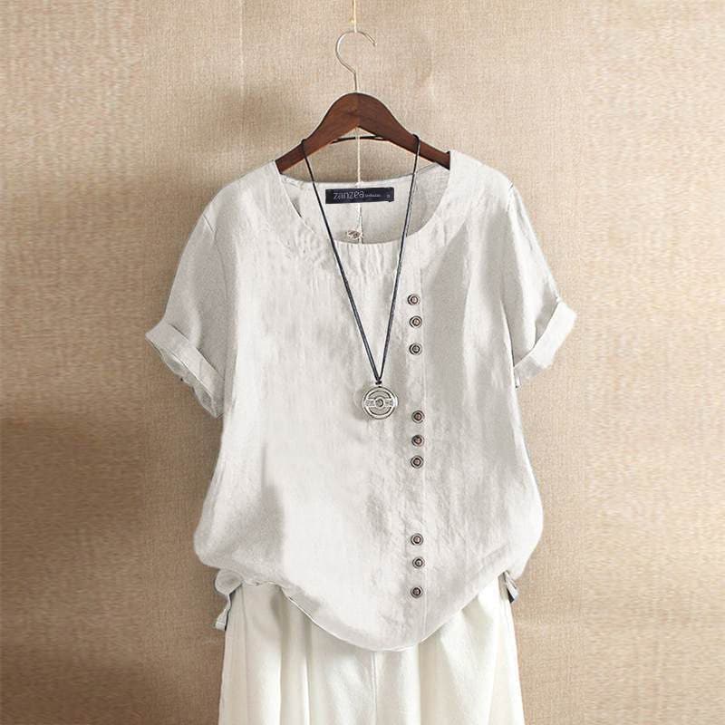 Women’s Blouse – Relaxed Fit – Cotton Blend – Short Sleeve – Asymmetrical Front Buttons