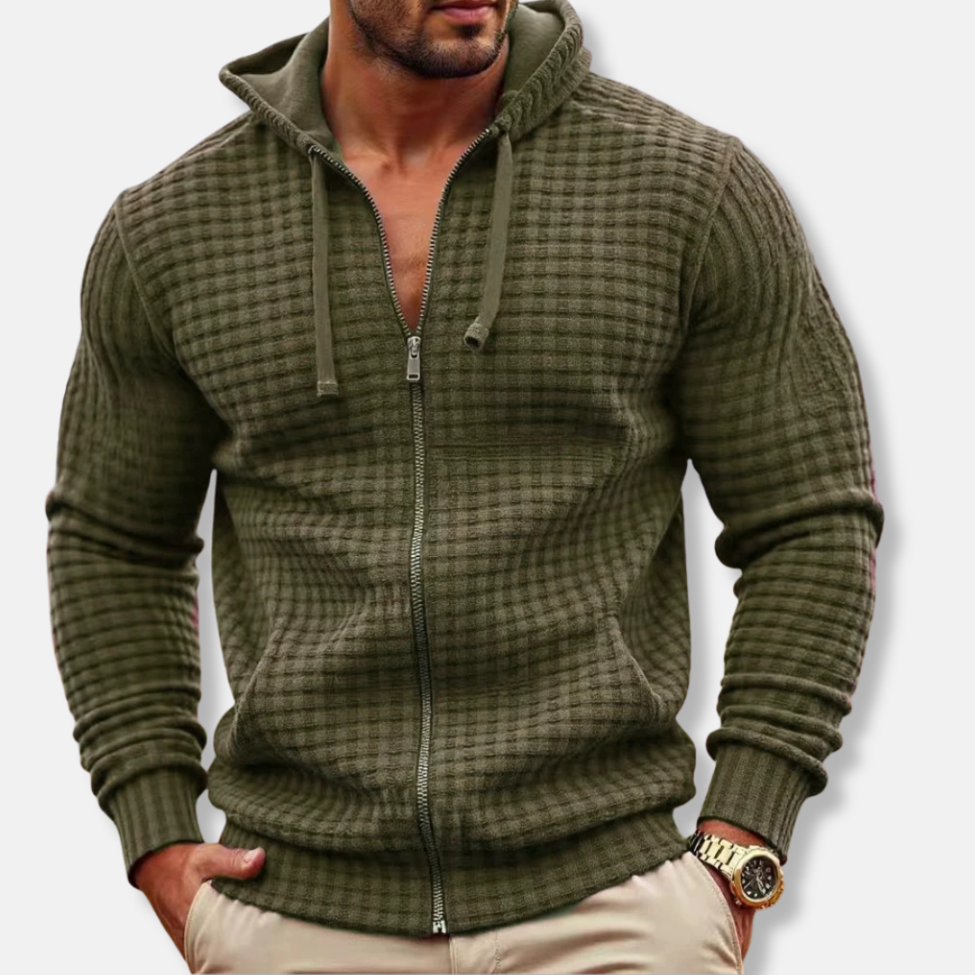 Men's Hooded Sweatshirt Zip Front Cotton Blend Regular Fit With Textured Grid Pattern For Everyday Style