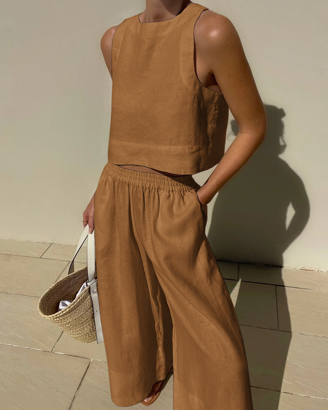 Joza Airy Linen Set For Women Breathable Crop Top And Wide Leg Pants Stylish Summer Outfit
