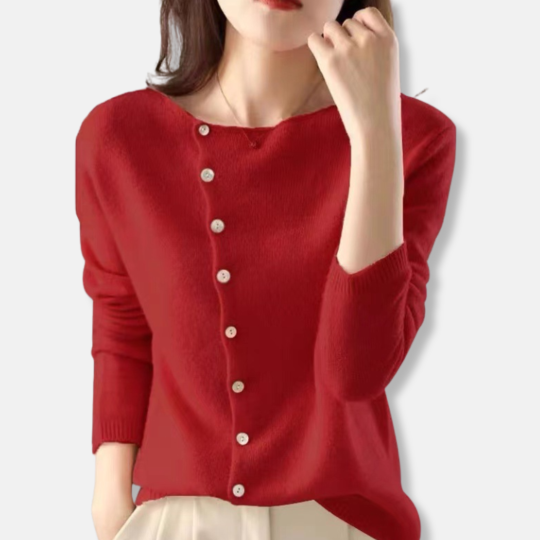 Women’s Cardigan - Knit - Relaxed Fit - Asymmetrical Neckline - Ribbed Cuffs