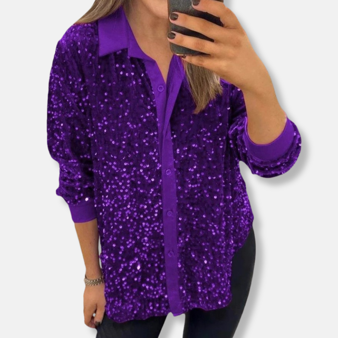 Women’s Sequin Shirt – Relaxed Fit – Button-Up – Long Sleeve Party Top