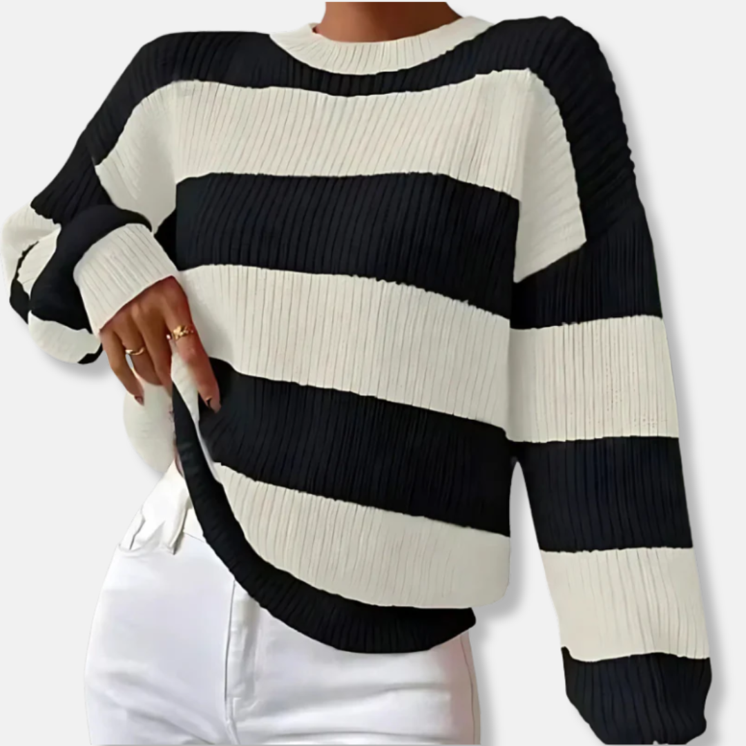 Women’s Sweatshirt – Ribbed Knit – Loose Fit – Balloon Sleeves – Round Neck – Striped