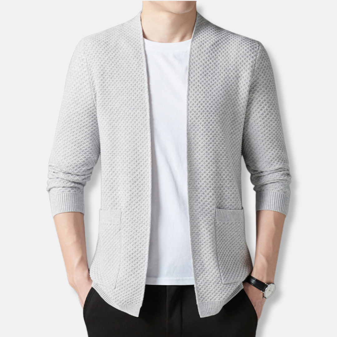 Men's Knit Cardigan Open Front Textured Waffle Pattern Relaxed Fit Hip Length Ideal For Fall Wardrobe