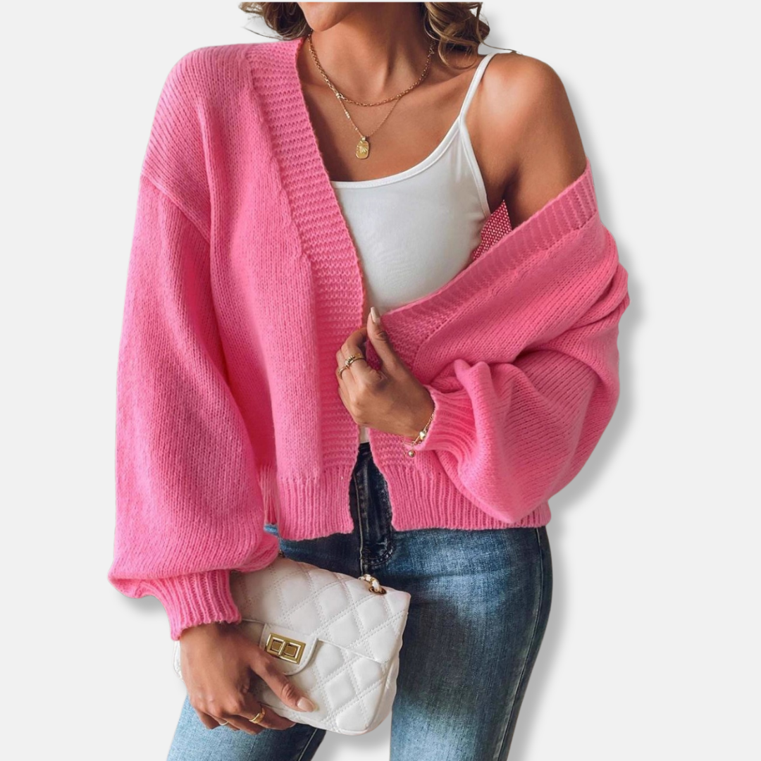 Women’s Cardigan - Knit Blend - Relaxed Fit - Cropped Length - Lantern Sleeves