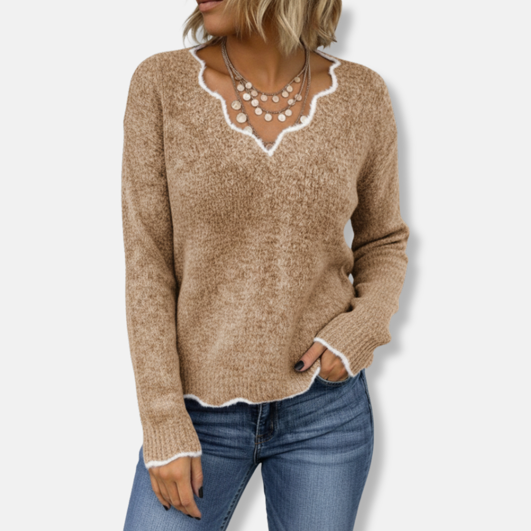 Women’s Sweater – Relaxed Fit – Wool Knit – Scalloped Neckline – Soft Casual Pullover