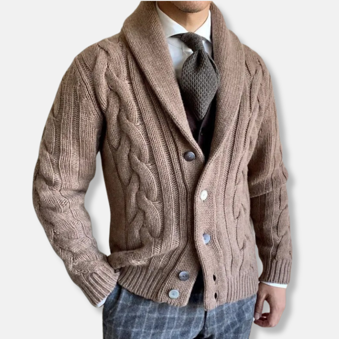 Men's Cable Knit Cardigan With Shawl Lapel Regular Fit Wool Feel Knit Long Sleeve