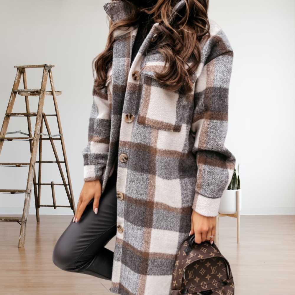 Women's Wool Coat - Long Silhouette - Classic Button Closure - Checked Pattern