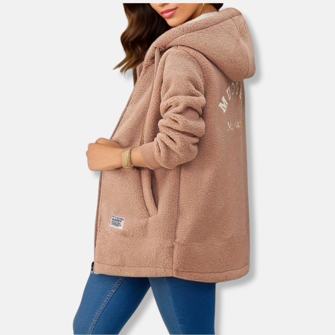 Women’s Hooded Jacket – Plush Lambskin Feel – Oversized Fit – Zipper Front – Mid-Length