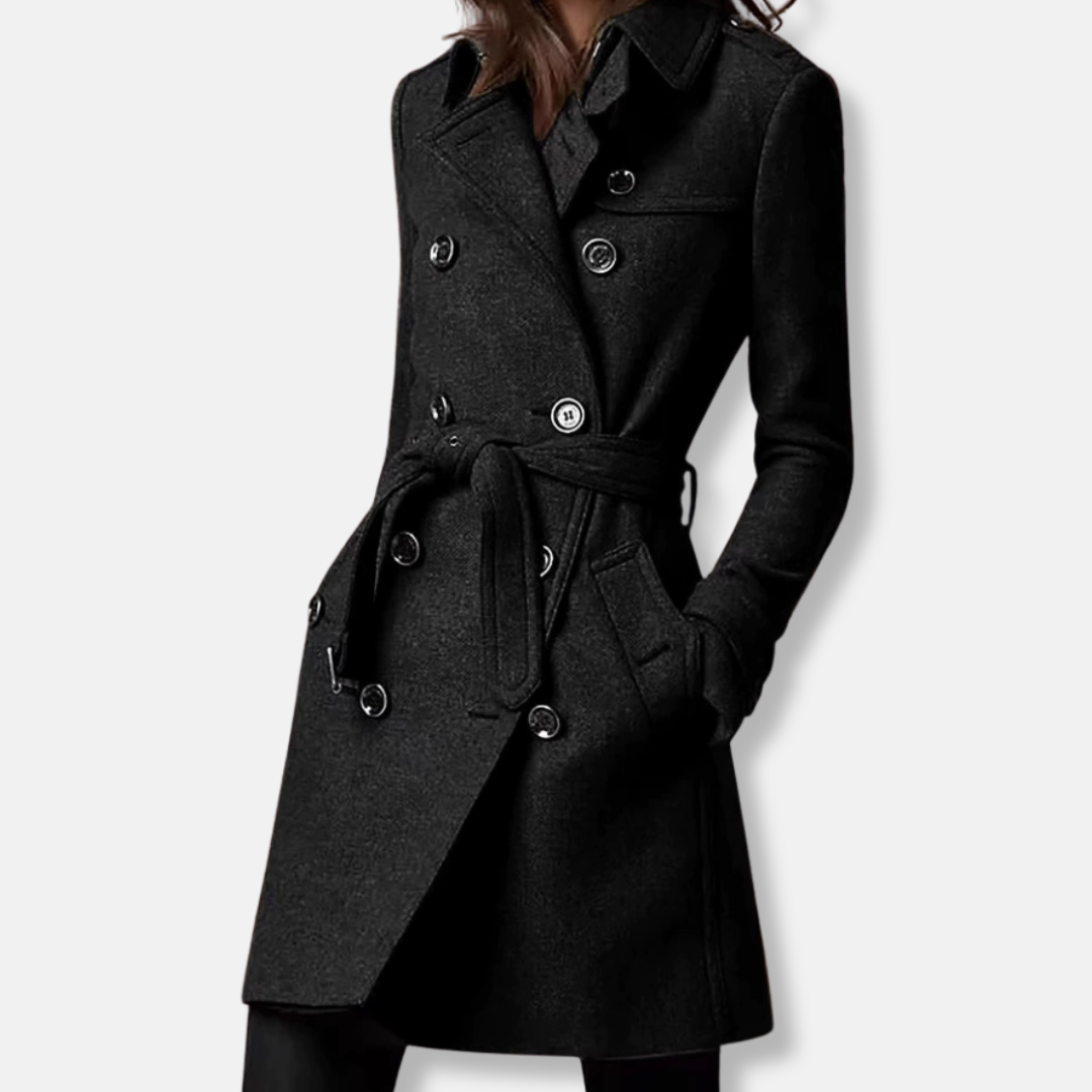 Women’s Coat – Slim Fit – Wool Blend – Double-Breasted – Belted Mid-Thigh Length