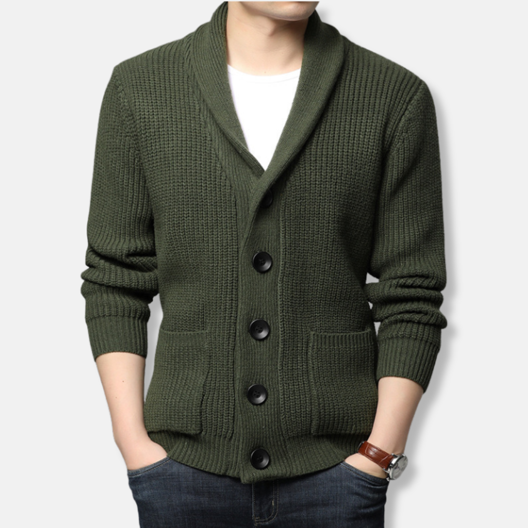 Men's Cardigan Sweater Ribbed Knit With Shawl Collar And Button Front Patch Pockets