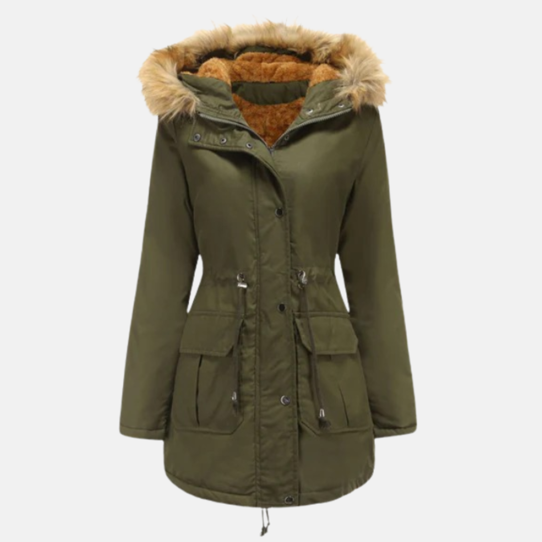 Women’s Parka Jacket – Fleece Lined – Faux Fur Hood – Adjustable Waist – Mid-Thigh Length