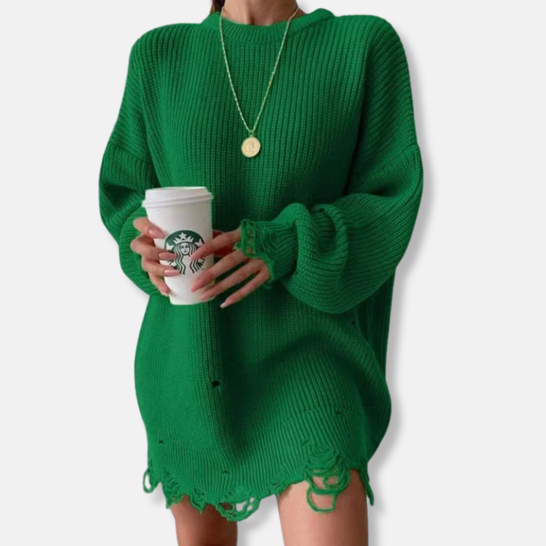 Women’s Dress - Ribbed Knit - Mini Length - Balloon Sleeves - Distressed Hem