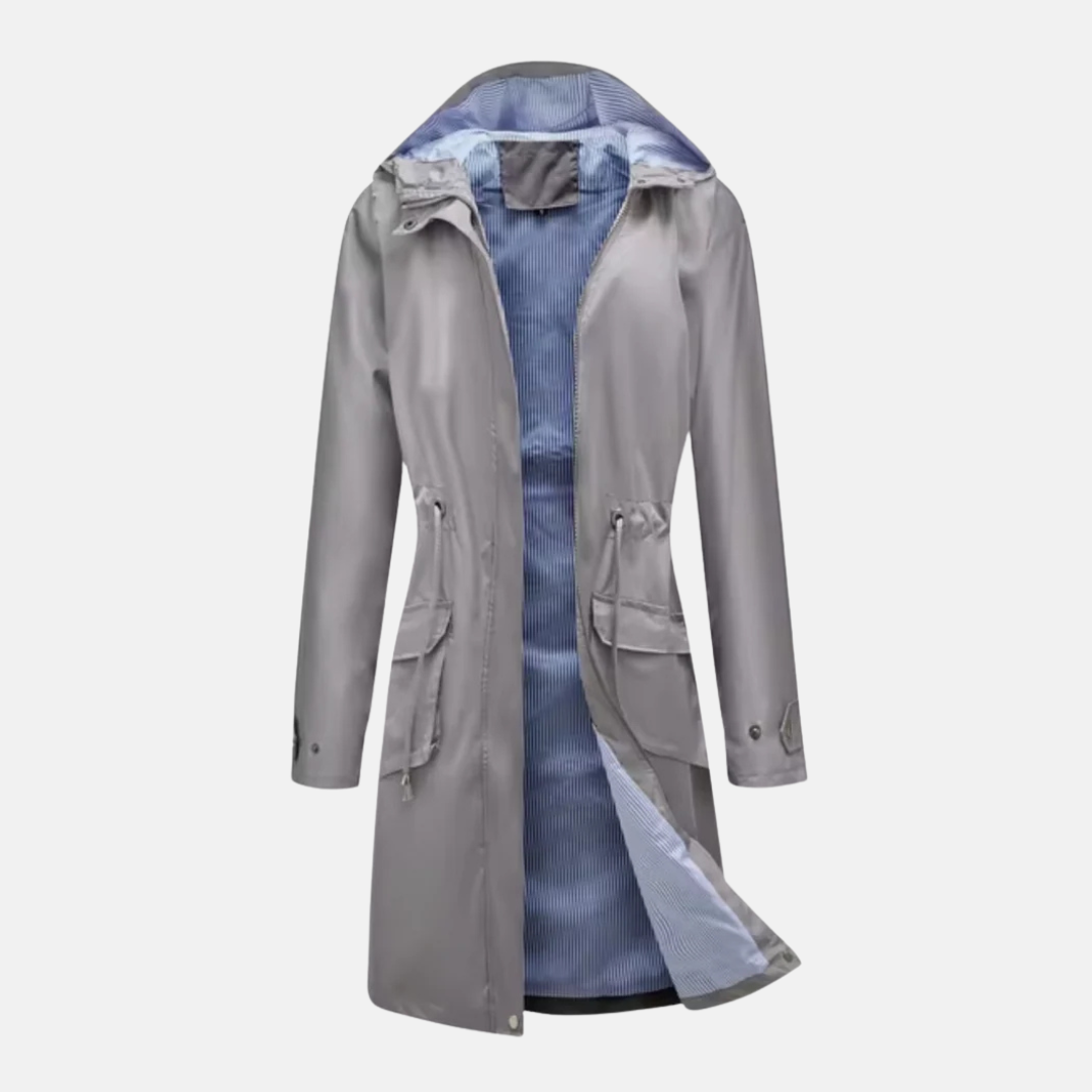 Women’s Long Hooded Jacket – Water-Resistant – Adjustable Waist – Zip Front – Flap Pockets