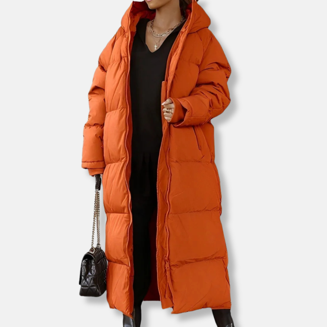 Women’s Long Coat – Oversized Fit – Quilted Padded Hooded – Full Length Zip Closure