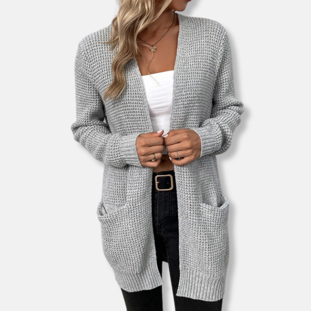 Women’s Cardigan – Relaxed Fit – Knitted Waffle Texture – Open Front – Patch Pockets