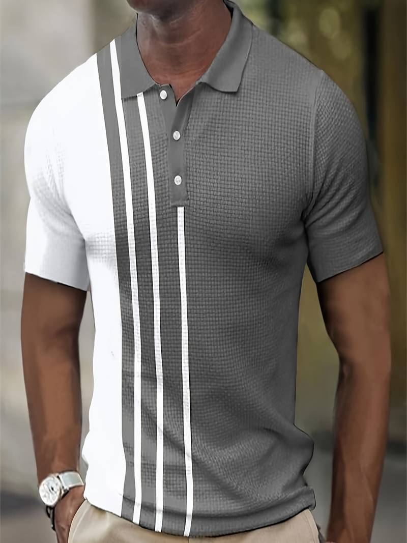 Men's Striped Polo Shirt With Classic Collar Short Sleeves Breathable Lightweight Two Tone Black White