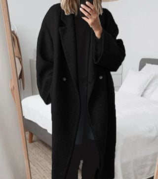 Long Oversize Caramel Coat For Women Minimalist Elegant Double Breasted Outerwear Relaxed Fit