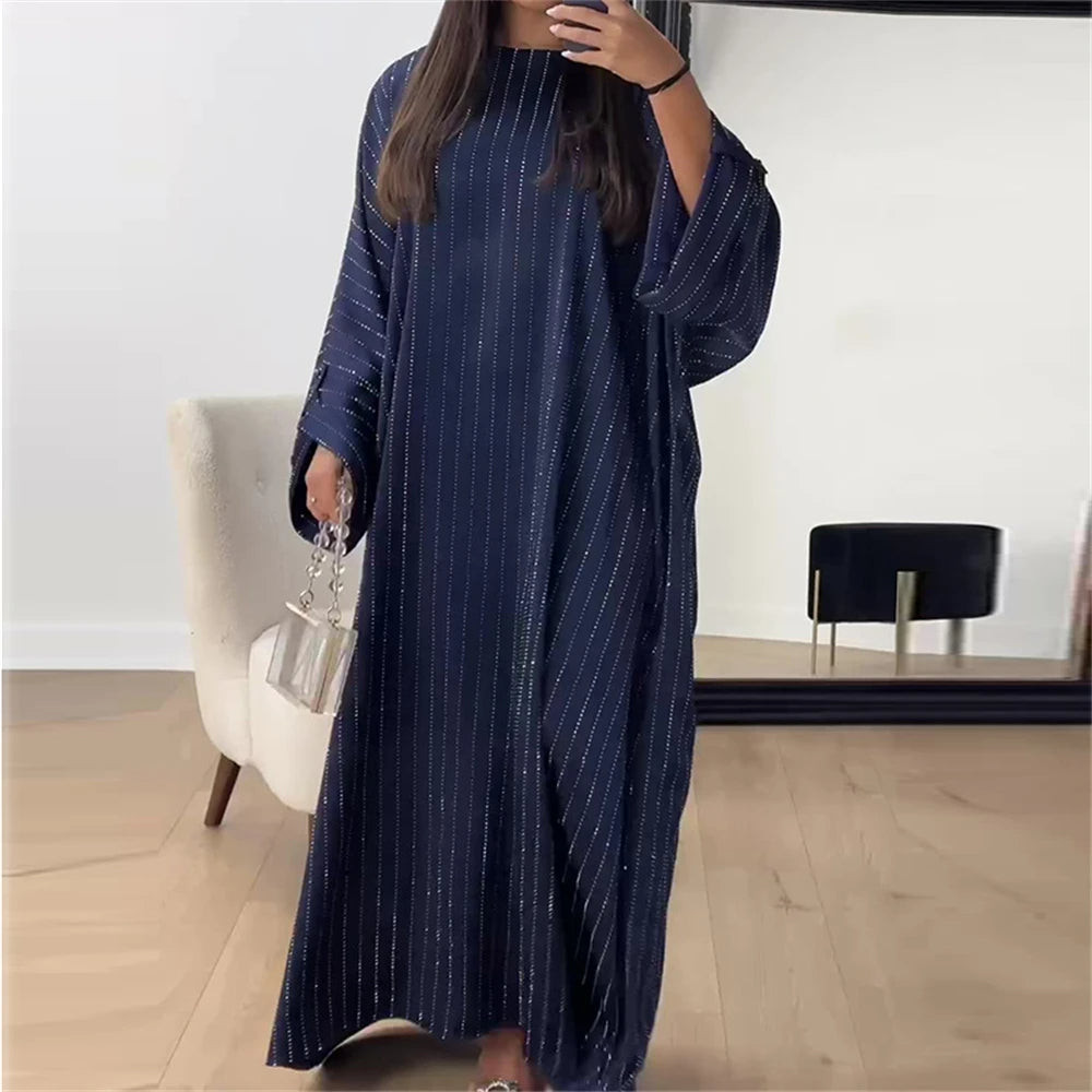 Mathilde Striped Evening Abaya for Women with Flowing Cut and Luxurious Loose Fit Comfort