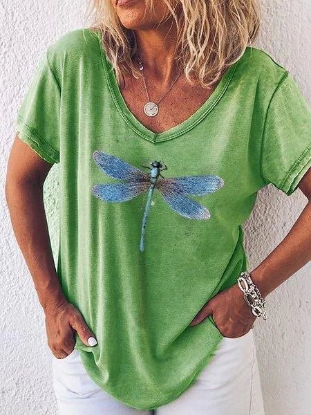 Women's Casual V-Neck Tee with Dragonfly Print and Short Sleeves