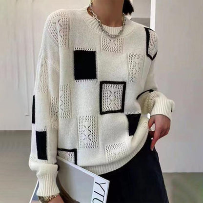 Women's Knit Sweater with Patchwork Design and Long Sleeves