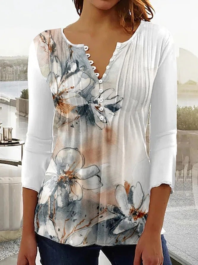 Flower blouse with a V-neck and gathering