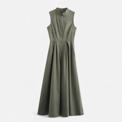 Ancient World | Fitted Pleated Midi Dress for Women – Sleeveless Summer Elegance with Zipper Closure