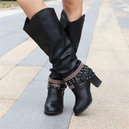 Women's Knee-High Slouchy Boots with Block Heel and Soft Design