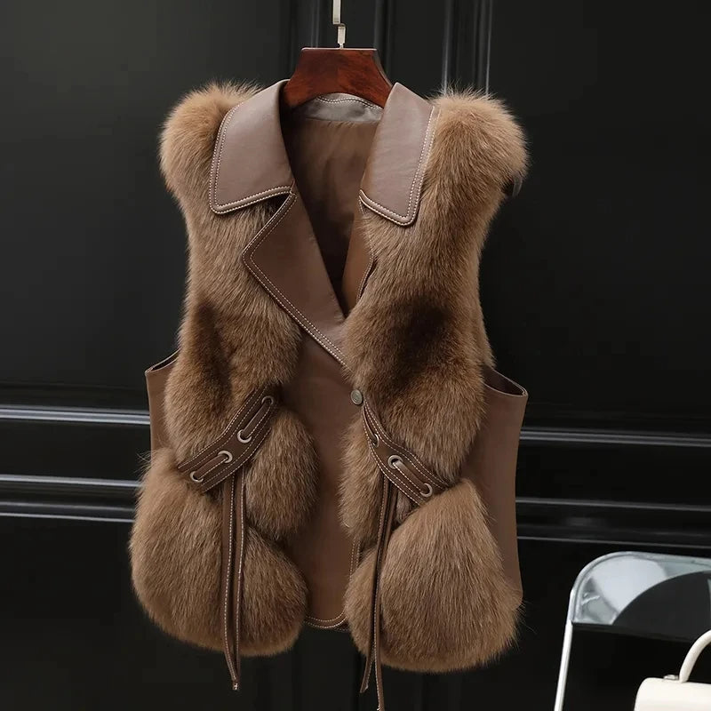 Isla Regular Fit Gilet | Collared Fur Trim Tie-Side Gilet