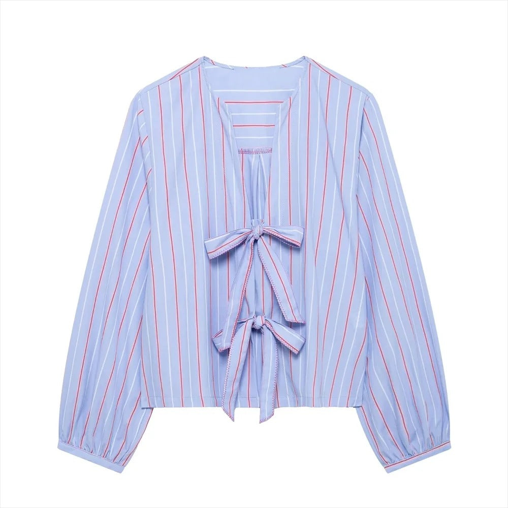 Carina | Women's blouse with stripes and bow detail for casual outfits