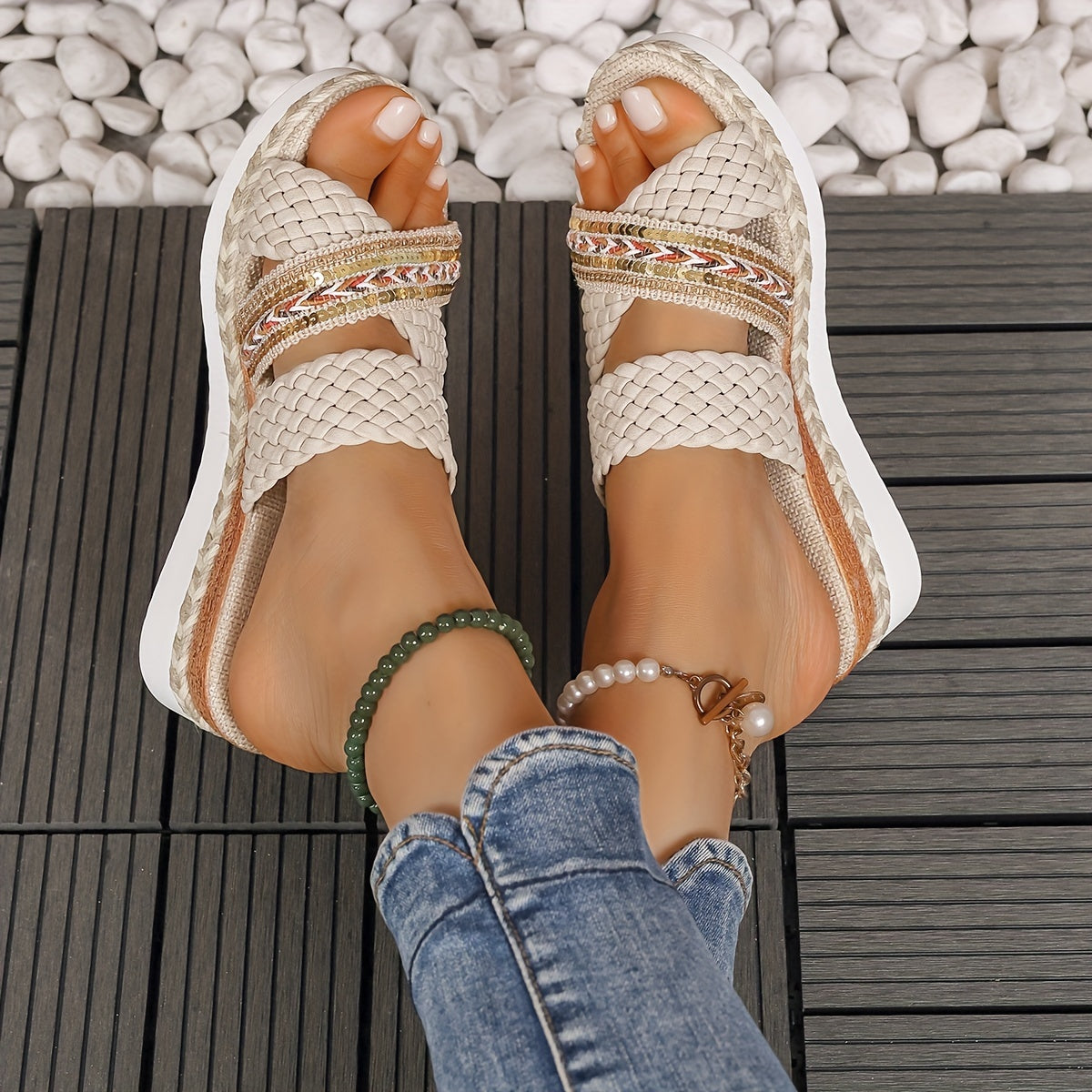 Women's Woven Slip-On Sandals with Flexible Sole and Breathable Design
