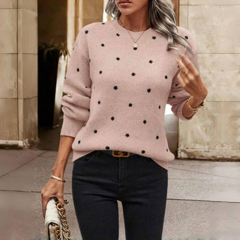 Knitted Polka Dot Sweater For Women With Soft Luxurious Knit Texture And Round Neck Effortless Elegance And Cozy Comfort