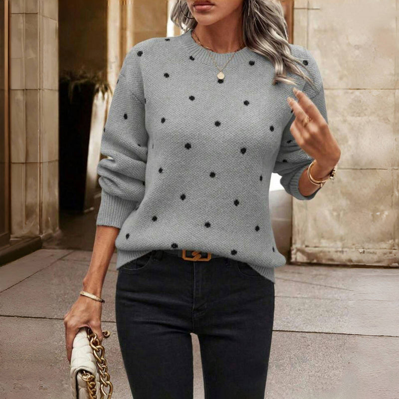 Knitted Polka Dot Sweater For Women With Soft Luxurious Knit Texture And Round Neck Effortless Elegance And Cozy Comfort